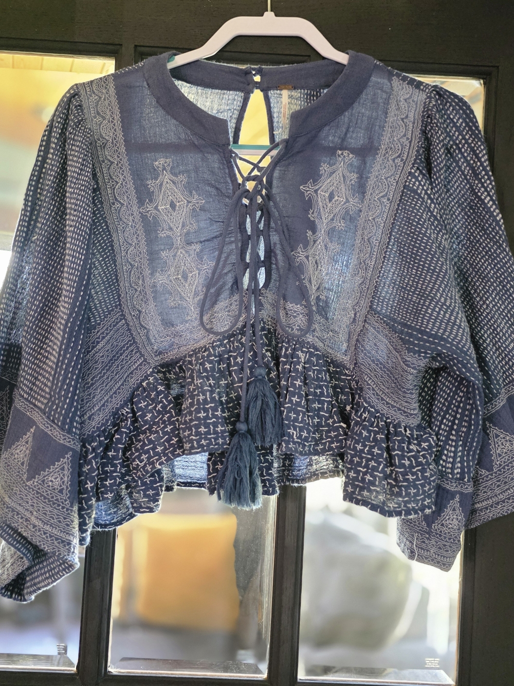 Free People Navy Embroidered Lace-Up Boho Blouse